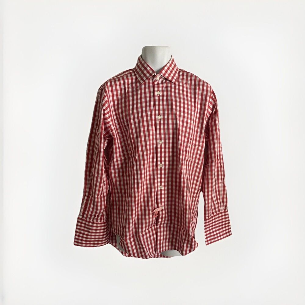 T.M. Lewin Mens Regular Fit Lewin 100 Cotton Red White Plaid Dress Shirt 16 33